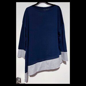 SHEIN Womens Navy Blue Stretch Asymmetrical Striped Trim 3/4 Sleeve Top 1XL NWOT